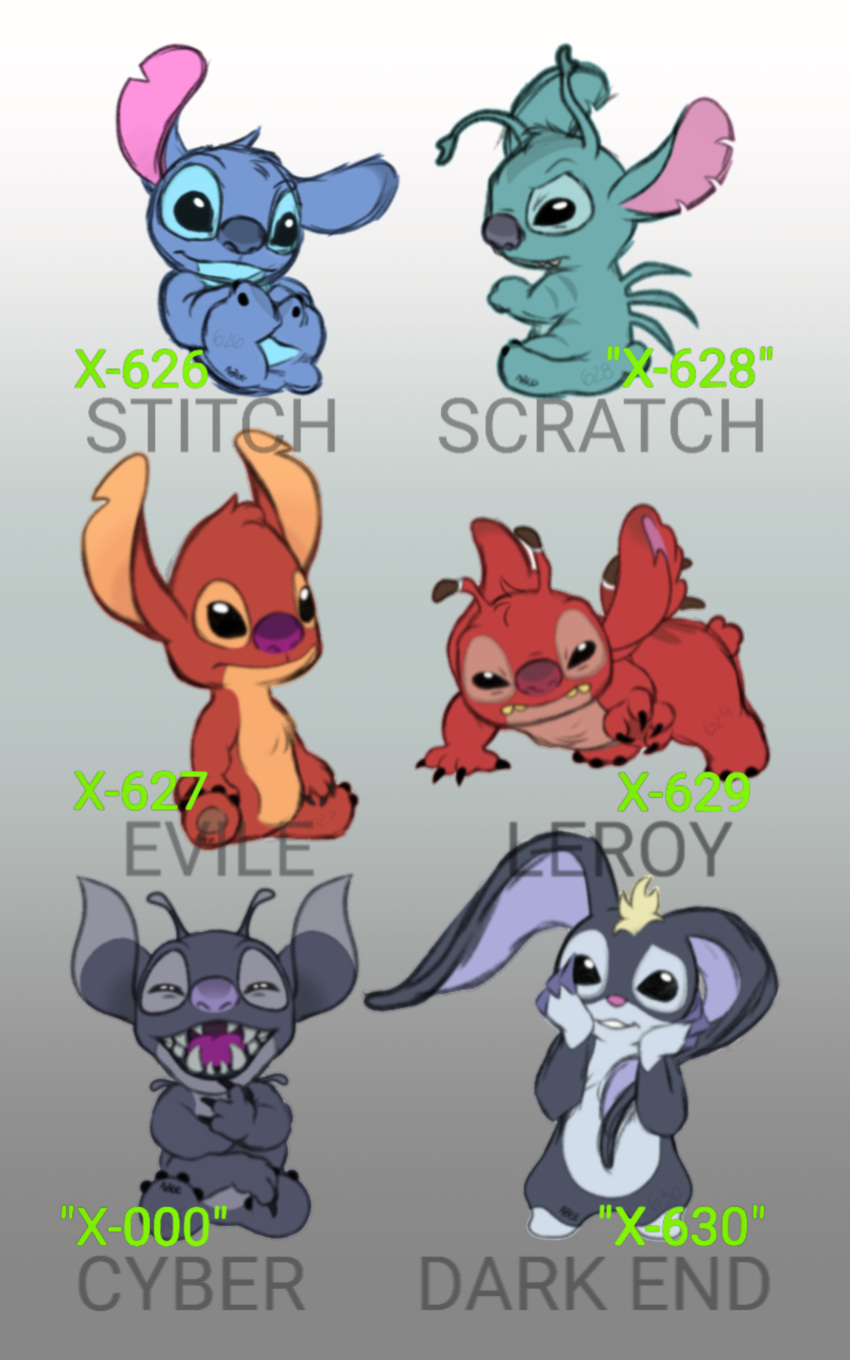 4_toes 5:8 absurd_res alien antennae_(anatomy) back_markings back_spines big_ears black_claws black_eyes blonde_hair blue_body blue_fur blue_nose character_name chest_tuft claws cyber_(stitch!) dark_end_(stitch!) dipstick_antennae dipstick_ears disney ear_markings english_text experiment_(lilo_and_stitch) experiment_627 facial_markings feet fur gradient_background green_body green_fur group hair hand_on_face head_markings head_tuft hi_res huhsuabee leroy_(lilo_and_stitch) lilo_and_stitch looking_at_viewer markings multi_arm multi_limb multicolored_antennae multicolored_ears narrowed_eyes notched_ear open_mouth open_smile pink_nose purple_body purple_claws purple_fur purple_nose red_body red_fur red_nose scratch_(stitch_and_ai) sharp_teeth simple_background sitting small_tail smile squint stitch! stitch_(lilo_and_stitch) stitch_and_ai tail teeth teeth_showing text toes tuft