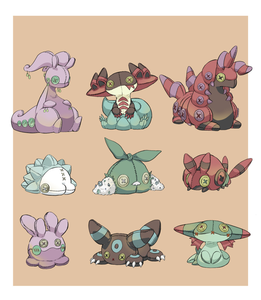 absurdres border button_eyes buttons claws commentary dragapult dreepy goodra goomy highres looking_at_viewer no_humans oimo_kenpi pokemon pokemon_(creature) scolipede simple_background snom stitches stuffed_toy symbol-only_commentary trubbish umbreon venipede white_border