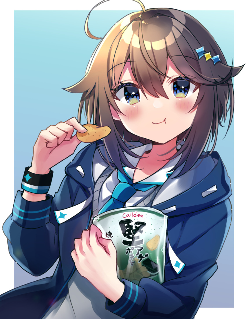 :t ahoge bag_of_chips blue_background blue_eyes blue_jacket blue_necktie blush brand_name_imitation brown_hair chips_(food) closed_mouth collared_shirt commentary_request drawstring eating female food hair_between_eyes highres holding holding_food hood hood_down hooded_jacket jacket long_sleeves looking_at_viewer minami_saki necktie nijisanji open_clothes open_jacket potato_chips ribbon-trimmed_hood ribbon_trim shirt solo sorahoshi_kirame sorahoshi_kirame_(1st_costume) sweatband sweater_vest two-tone_background upper_body virtual_youtuber white_background white_shirt wristband