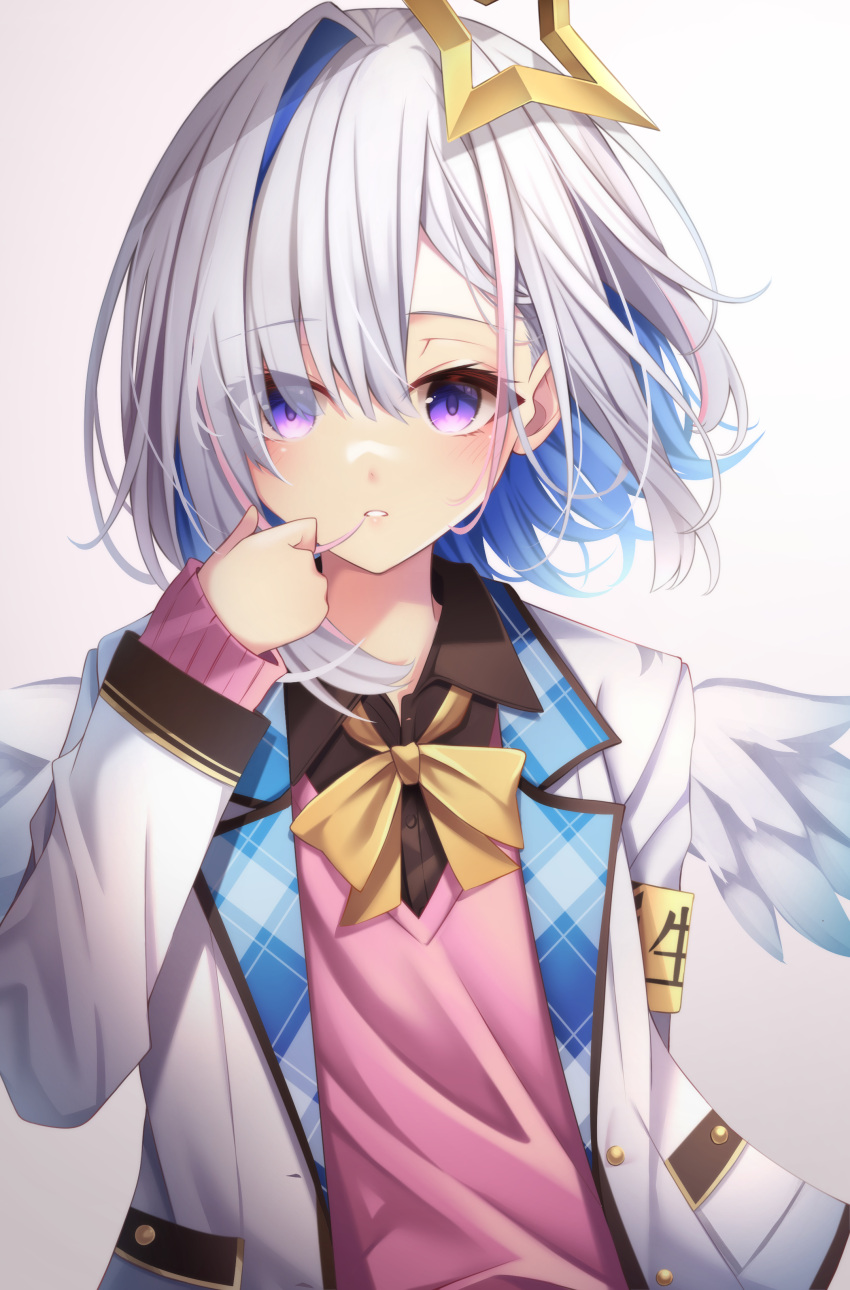 absurdres amane_kanata amane_kanata_(1st_costume) angel angel_wings armband asymmetrical_bangs blazer blue_hair blue_wings bob_cut bow bowtie brown_shirt colored_inner_hair commentary dress_shirt feathered_wings female gradient_wings grey_hair hair_over_one_eye halo highres hololive jacket long_sleeves looking_at_viewer loose_bowtie multicolored_hair multicolored_wings open_clothes open_jacket pink_sweater pocket purple_eyes school_uniform shirt short_hair single_hair_intake solo star_(symbol) star_halo streaked_hair sweater sweater_under_jacket tsukasa_tsubasa upper_body virtual_youtuber white_jacket white_wings wing_collar wings yellow_bow yellow_bowtie