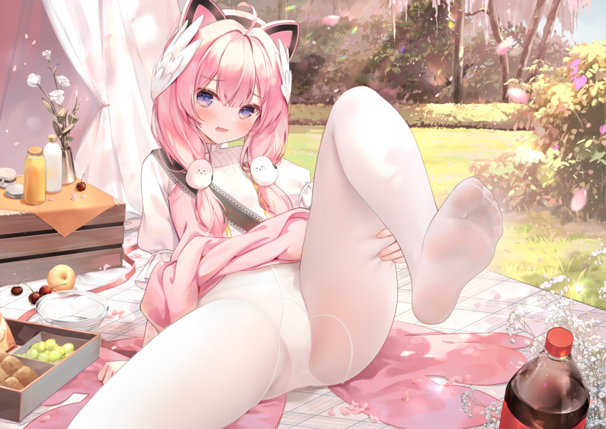 animal_ears blush braid cat_ears chen_bin commentary_request feet female foot_focus foreshortening indie_virtual_youtuber long_hair looking_at_viewer no_shoes outdoors panties panties_under_pantyhose pantyhose parted_bangs partial_commentary pink_hair presenting_foot purple_eyes sakurada_hane soles solo thighs toes underwear virtual_youtuber white_panties white_pantyhose