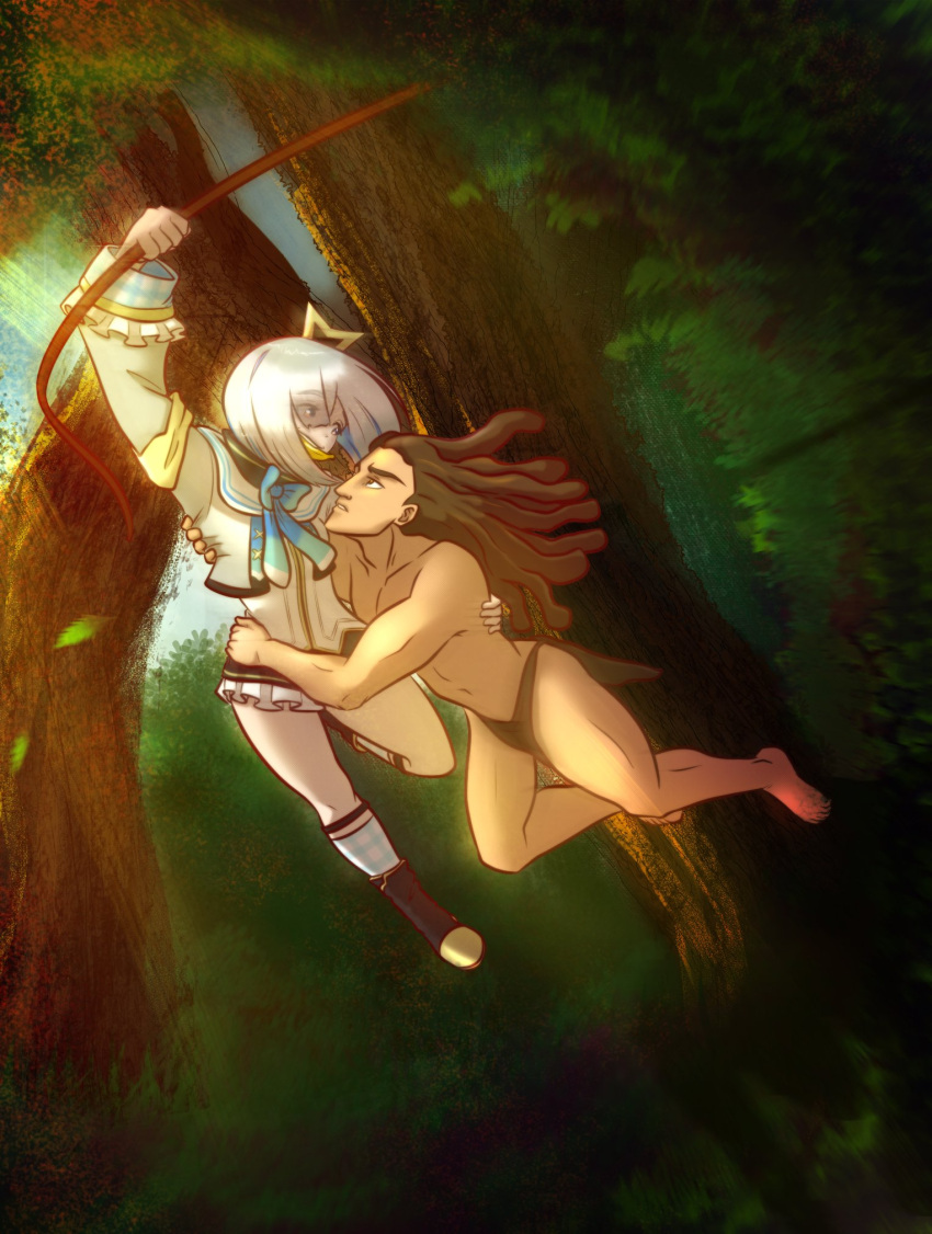 1boy amane_kanata amane_kanata_(1st_costume) blue_hair bob_cut brown_hair commentary_request eyes_visible_through_hair female hair_over_one_eye halo highres hololive holykoshi jungle loincloth miniskirt multicolored_hair nature skirt star_halo swinging tarzan tarzan_(disney) tree two-tone_hair virtual_youtuber white_hair