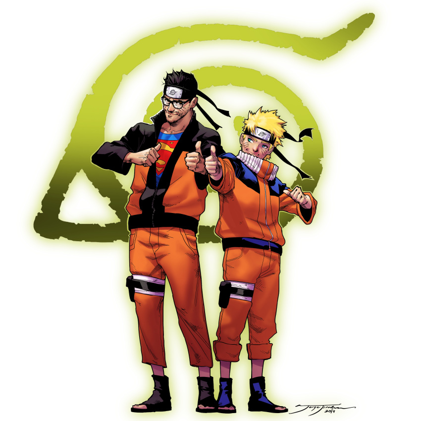 2014 2boys absurdres ankle_boots beard black_footwear black_hair black_headband blonde_hair blue_eyes blue_footwear boots closed_mouth collarbone commentary cosplay dc_comics english_commentary facial_hair facial_mark forehead_protector full_body headband high_collar highres jacket jorgejimenezart jumpsuit konohagakure_symbol lolicon long_sleeves male_focus mature_male multicolored_clothes multicolored_jacket multiple_boys naruto naruto_(series) ninja orange_jacket orange_jumpsuit orange_pants outstretched_arm pants pants_rolled_up partially_unzipped pointing pointing_at_self pouch self-portrait short_hair signature simple_background smile spiked_hair standing superman superman_(cosplay) superman_(series) thigh_pouch thigh_strap thumbs_up toeless_footwear two-tone_jacket uzumaki_naruto uzumaki_naruto_(cosplay) western_comics_(style) whisker_markings white_background wind