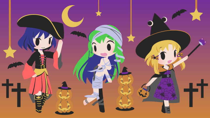 3girls alternate_costume bandaged_arm bandaged_head bandaged_leg bandages bat_(animal) belt black_cape black_footwear black_vest blonde_hair blue_hair boots bow cape chestnut_mouth chibi cobalta cross dress floral_print gradient_background green_hair hair_ornament hairbow halloween hat jack-o'-lantern kochiya_sanae long_hair moon moriya_suwako multiple_girls mummy_costume open_mouth pirate_costume pirate_hat pleated_skirt purple_dress red_shirt red_skirt shirt short_hair skirt snake_hair_ornament star_(symbol) touhou vest wide_sleeves witch_hat yasaka_kanako