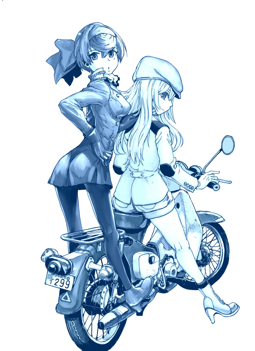 2girls :o absurdres ankle_boots blue_theme boots bow closed_mouth coat denim denim_shorts flat_cap from_behind girls_und_panzer girls_und_panzer_ribbon_no_musha gloves hairbow hand_on_own_hip hat headband high_heel_boots high_heels highres honda_super_cub jacket long_hair long_sleeves looking_at_viewer looking_back matsukaze_rin monochrome motor_vehicle motorcycle multiple_girls nogami_takeshi pantyhose parted_lips riding short_hair short_shorts shorts smile socks standing swept_bangs tsuruki_shizuka