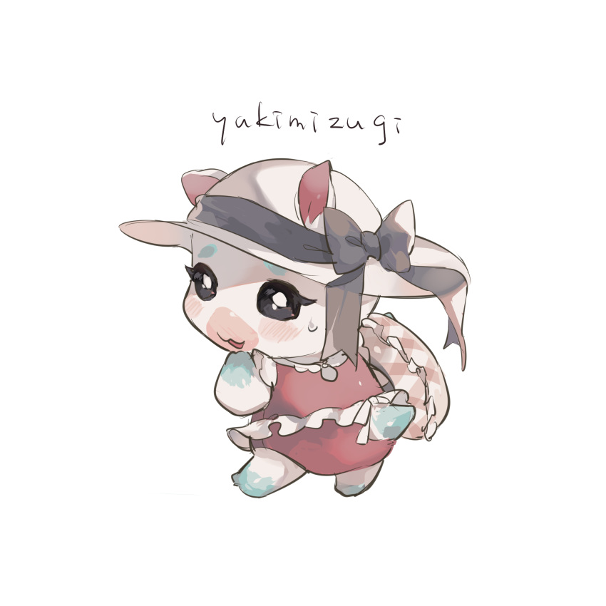 :3 animal animal_crossing ass bad_id bad_pixiv_id black_bow black_ribbon black_sclera blush bow character_name colored_sclera commentary ears_through_headwear female flurry_(animal_crossing) frilled_one-piece_swimsuit frills from_behind full_body furry furry_female hand_to_own_mouth hand_up hat hat_bow hat_ribbon hideko_(l33l3b) highres innertube looking_at_viewer looking_back one-piece_swimsuit open_mouth plaid red_one-piece_swimsuit ribbon romaji_text simple_background solo standing sun_hat sweat swim_ring swimsuit tail translated white_background white_eyes white_hair