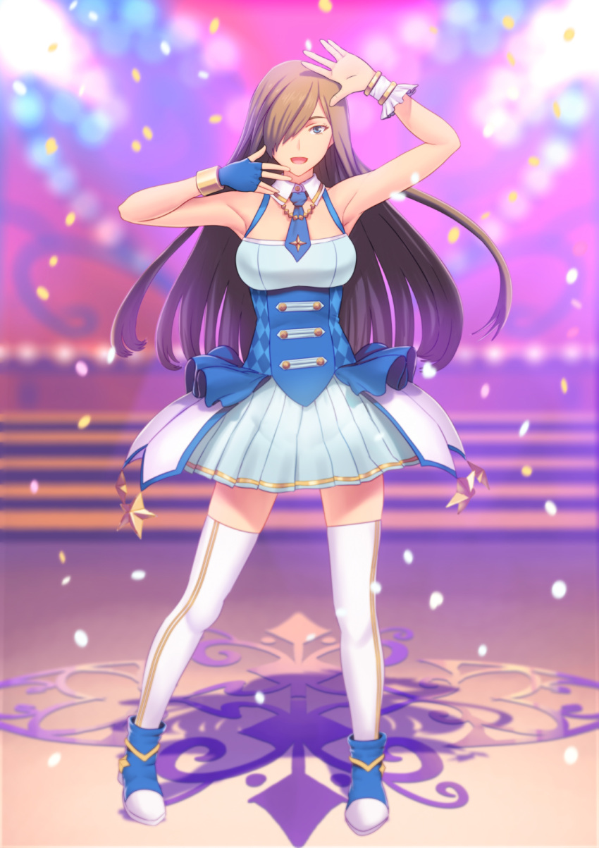 :d alternate_costume armpits asymmetrical_gloves bare_arms blue_eyes blue_gloves blue_necktie blue_skirt brown_hair detached_collar fateline_alpha female fingerless_gloves full_body gloves hair_over_one_eye highres idol idolmaster idolmaster_(classic) idolmaster_platinum_stars long_hair looking_at_viewer miniskirt necktie open_mouth pleated_skirt short_necktie single_glove skirt smile solo stage straight_hair tales_of_(series) tales_of_asteria tales_of_the_abyss tear_grants thighhighs twinkle_star_(idolmaster) underbust very_long_hair white_thighhighs wing_collar zettai_ryouiki