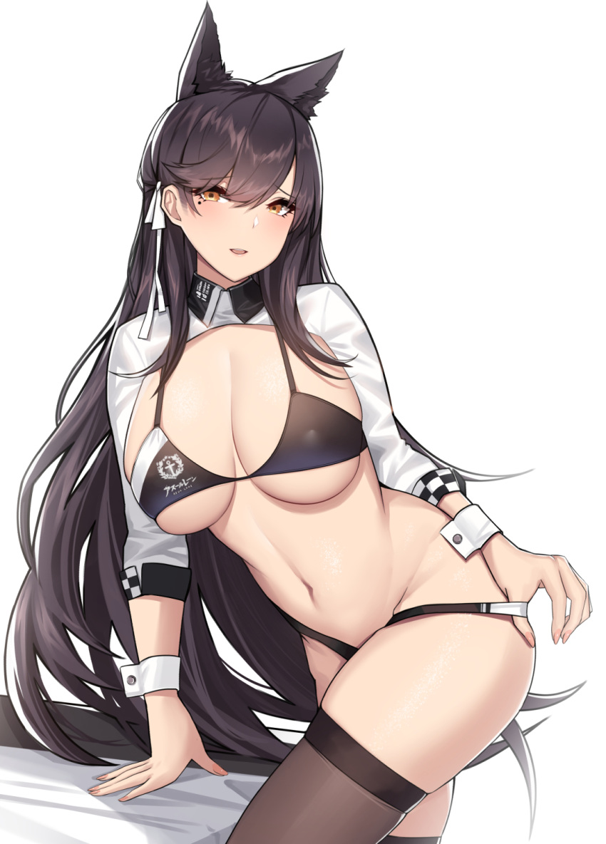 animal_ears atago_(azur_lane) atago_(stunning_speedster)_(azur_lane) azur_lane bad_id bad_pixiv_id bikini black_bikini black_hair black_thighhighs breasts brown_eyes cleavage extra_ears female highleg highleg_bikini highres large_breasts logo long_hair mole mole_under_eye official_alternate_costume paid_reward_available race_queen ribbon shrug_(clothing) siu_(siu0207) sleeve_cuffs solo swept_bangs swimsuit thighhighs two-tone_bikini white_ribbon wrist_cuffs