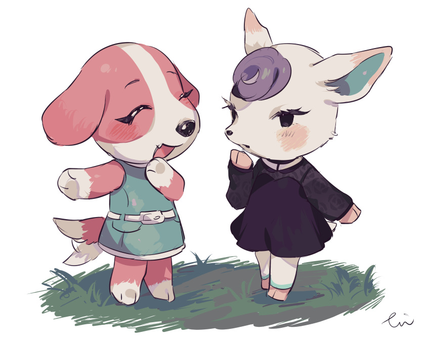 2girls absurdres afterimage animal_crossing animal_ears aqua_dress artist_name bad_id bad_pixiv_id barefoot black_dress black_eyes blush closed_eyes commentary cookie_(animal_crossing) deer_ears deer_tail diana_(animal_crossing) dog_ears dog_tail dress flat_chest floral_print full_body furry furry_female grass half-closed_eyes hand_up happy hideko_(l33l3b) highres hooves looking_at_another motion_lines multiple_girls oerba_yun_fang open_mouth outdoors outstretched_arm purple_hair short_hair signature simple_background skin_fang sleeveless sleeveless_dress smile standing tail tail_wagging white_background