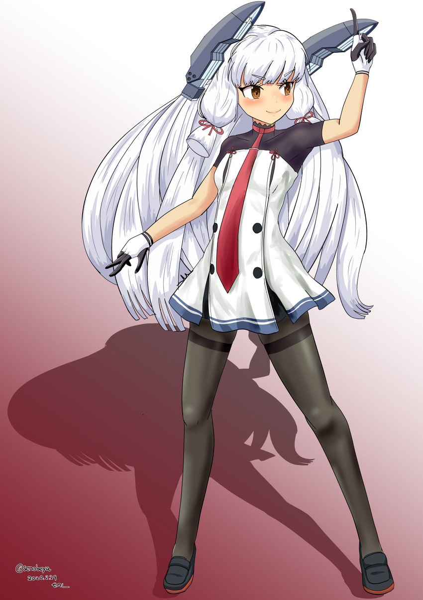 blunt_bangs dress female headgear highres kantai_collection long_hair looking_to_the_side murakumo_(kancolle) murakumo_kai_ni_(kancolle) orange_eyes pantyhose senon sidelocks smile solo strapless strapless_dress thighband_pantyhose very_long_hair white_hair