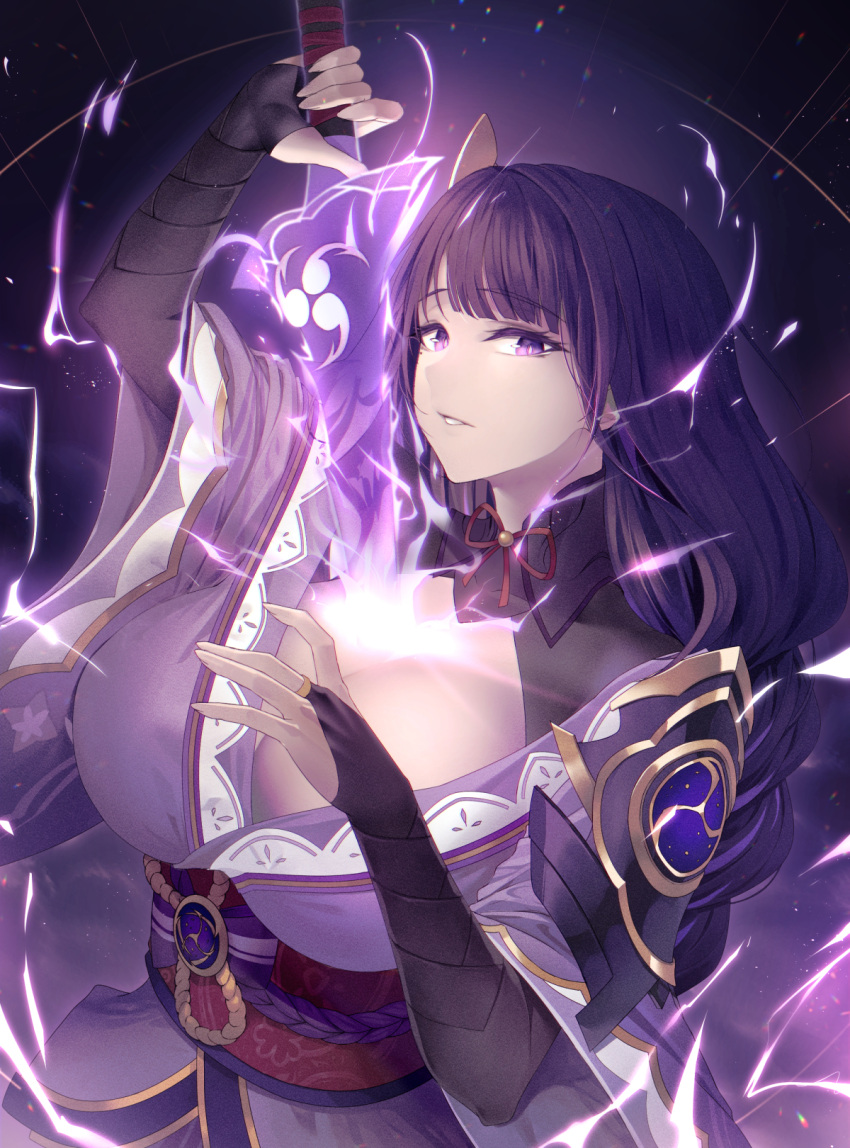 breasts bridal_gauntlets cleavage electricity female genshin_impact hair_ornament highres holding holding_sword holding_weapon human_scabbard japanese_clothes large_breasts limeblock long_sleeves looking_at_viewer mitsudomoe_(shape) musou_isshin_(genshin_impact) parted_lips purple_background purple_eyes purple_hair raiden_shogun solo sword tomoe_(symbol) upper_body weapon