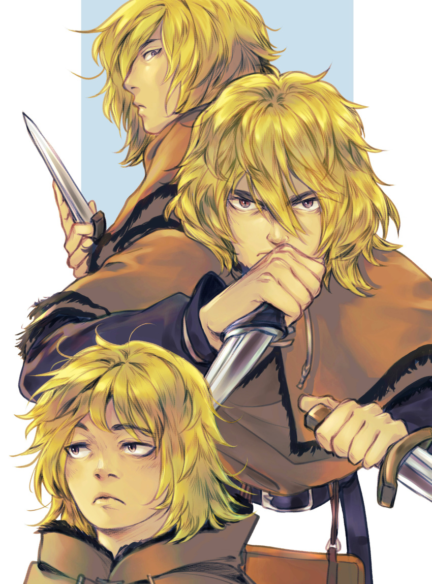 1boy absurdres blonde_hair botanicaxu brown_eyes fighting_stance fur_trim highres holding holding_weapon knife looking_at_viewer male_focus thorfinn viking vinland_saga weapon