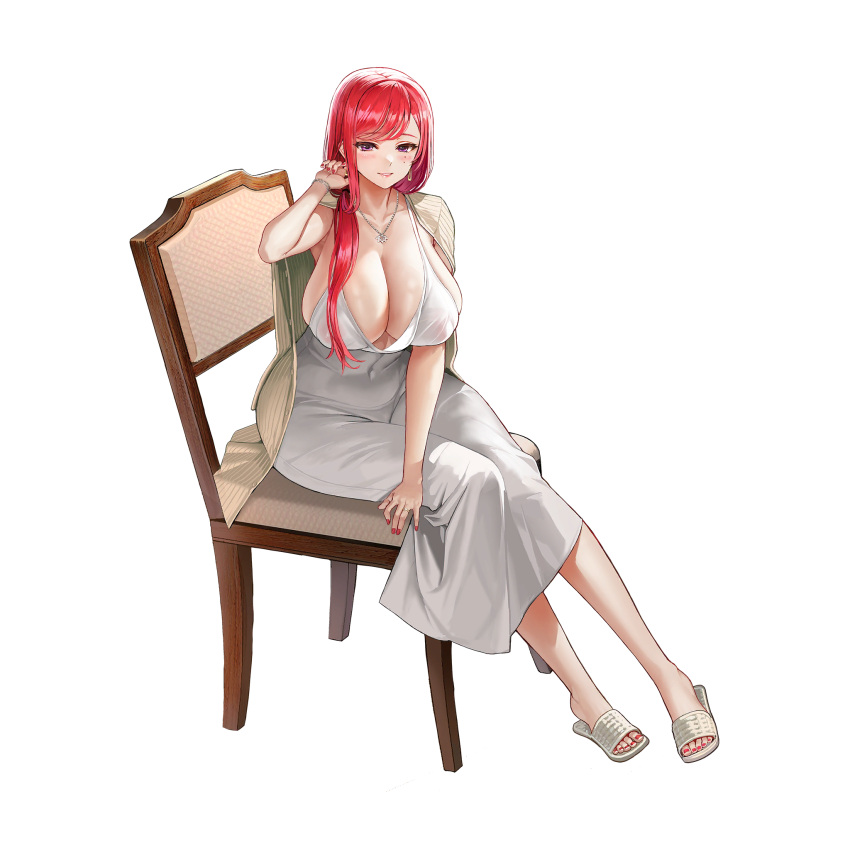 alternate_hairstyle areolae blush breasts chair cleavage cosplay dress earrings female flip-flops full_body highres hongryeon_(last_origin) huge_breasts jewelry last_origin long_hair looking_at_viewer mole mole_under_eye necklace official_alternate_costume official_art ponytail purple_eyes red_hair red_nails sandals see-through sitting skindentation smile solo tachi-e taesi third-party_source transparent_background white_dress