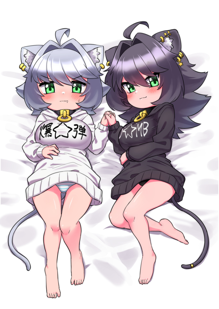 2girls :3 absurdres ahoge animal_ear_fluff animal_ears barefoot bed_sheet black_hair black_hoodie black_panties blush breasts cat_ears cat_girl cat_tail chibi clothes_writing collar commentary_request ear_piercing full_body green_eyes grey_hair hair_between_eyes hand_on_own_stomach highres holding_hands hood hood_down hoodie interlocked_fingers large_breasts long_hair long_sleeves lying md5_mismatch mole mole_under_eye mole_under_mouth multiple_girls ngetyan no_pants on_back original panties piercing renge_(ngetyan) ringe_(ngetyan) short_hair siblings sisters star_(symbol) striped_clothes striped_panties tail tail_ornament thigh_gap underwear v-shaped_eyebrows white_hoodie