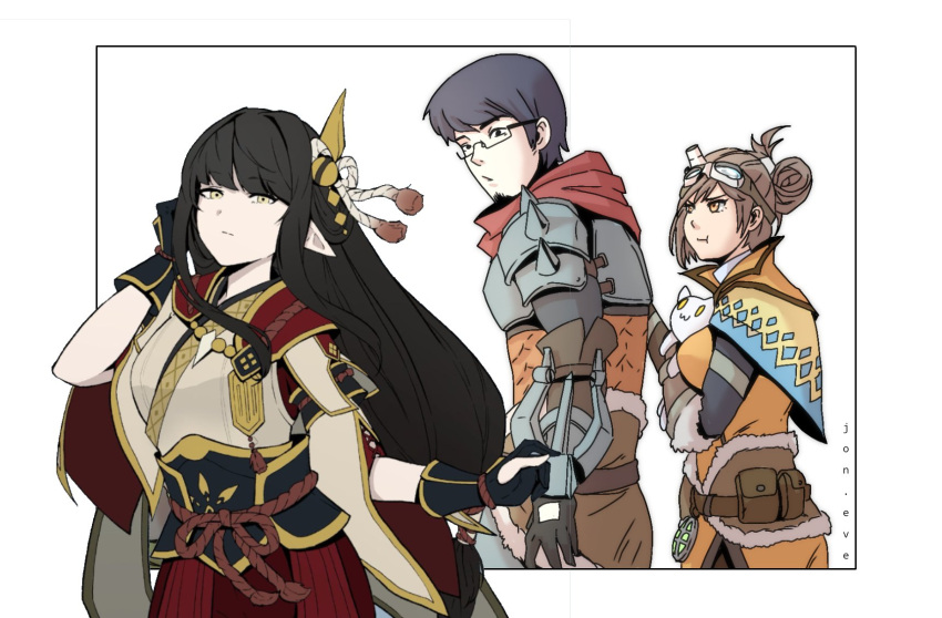 1boy 2girls :t armor artist_self-insert black_hair capelet distracted_boyfriend_(meme) english_commentary facial_hair fewer_digits folded_ponytail goatee goggles goggles_on_head handler_(monster_hunter_world) highres hinoa japanese_armor japanese_clothes jealous jon_eve long_hair looking_back low-tied_long_hair meme monster_hunter:_world monster_hunter_(series) monster_hunter_rise multiple_girls pointy_ears pout short_hair straight yellow_eyes