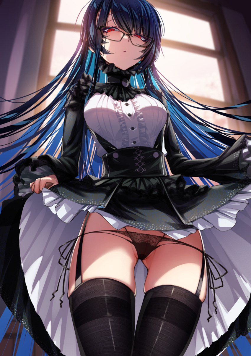 black_dress black_hair black_panties black_thighhighs blurry blurry_background breasts cameltoe channee_(cluseller) choker closed_mouth clothes_lift cluseller cowboy_shot dress dress_lift female frills garter_straps glasses hands_up highres long_hair long_sleeves looking_at_viewer loose_hair_strand medium_breasts original panties red_eyes sidelocks skindentation solo standing thighhighs thighs underwear very_long_hair wide_sleeves