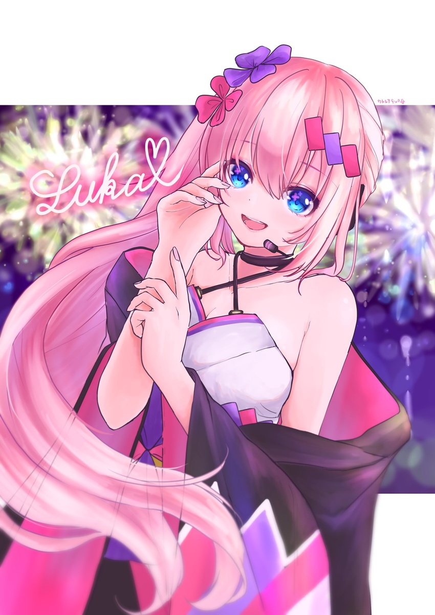 :d black_choker blue_eyes bow breasts character_name choker cleavage collarbone commentary criss-cross_halter female floating_hair hair_between_eyes hairbow halterneck headphones headset highres katorea letterboxed long_hair looking_at_viewer magical_mirai_(vocaloid) magical_mirai_luka magical_mirai_luka_(2020_summer) medium_breasts megurine_luka microphone nail_polish open_mouth outside_border pink_hair pink_nails purple_bow red_bow side_ponytail smile solo very_long_hair vocaloid