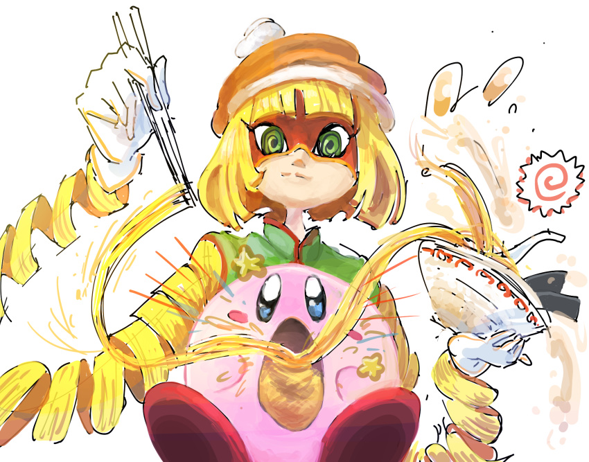 1boy @_@ arms_(game) bad_id bad_pixiv_id beanie blonde_hair blunt_bangs blush_stickers bob_cut bowl chinese_clothes chopsticks commentary_request eating egg egg_(food) facing_viewer feeding female food gloves hand_up hardboiled_egg hat highres holding holding_bowl holding_chopsticks kamaboko kirby kirby_(series) knit_hat mandarin_collar meandros min_min_(arms) multicolored_clothes multicolored_headwear narutomaki nendo23 noodles nori_(seaweed) orange_headwear ramen short_hair simple_background split_mouth spoon star_(symbol) super_smash_bros. white_background white_gloves wide_oval_eyes