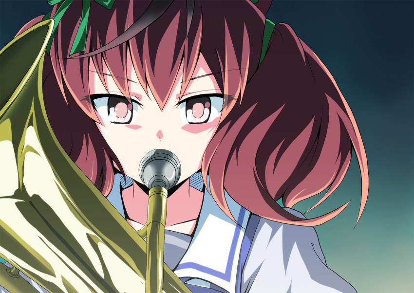 animal_ears blouse blue_shirt brown_eyes brown_hair commentary euphonium female gradient_background green_ribbons grey_background hair_ribbon hibike!_euphonium highres holding holding_instrument horse_ears horse_girl instrument kamishima_kanon kitauji_high_school_uniform look-alike medium_hair music nice_nature_(umamusume) playing_instrument ribbon sailor_collar school_uniform shirt solo tracen_school_uniform twintails umamusume white_sailor_collar