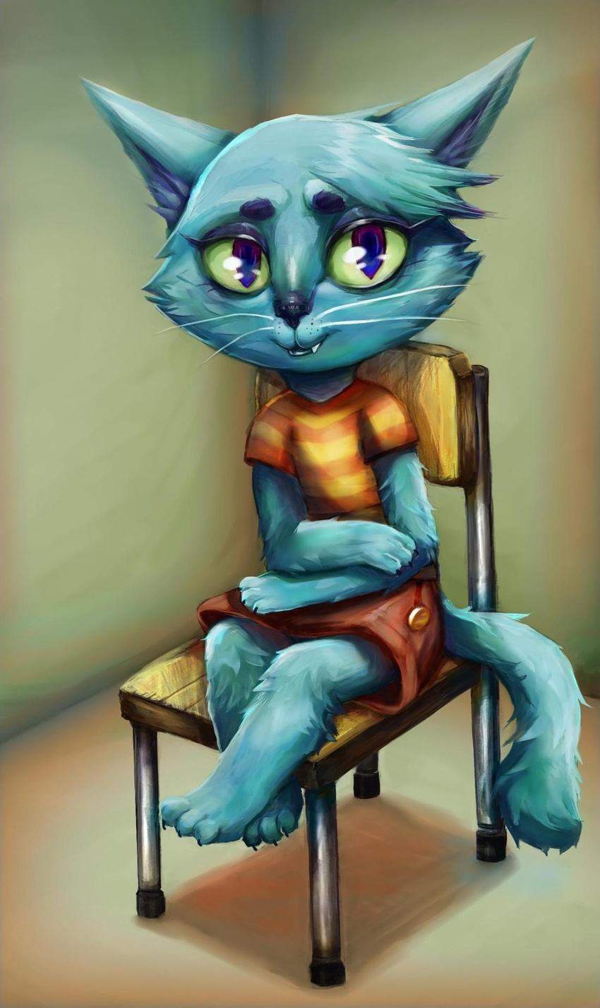 anthro blucini blue_body blue_fur bottomwear buttercup_saiyan chair claws clothed clothing digital_media_(artwork) domestic_cat felid feline felis female fur furgonomics furniture hi_res krita_(artwork) mammal pattern_clothing pattern_shirt pattern_topwear purple_eyes shirt sitting skirt solo striped_clothing striped_shirt striped_topwear stripes tail tail_through_skirt topwear