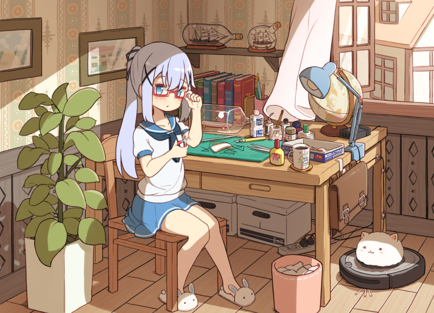 alternate_hairstyle angora_rabbit bare_legs baseboard blue_bow blue_hair blush book bow coaster coffee coffee_mug cup desk desk_lamp female glasses globe glue gochuumon_wa_usagi_desu_ka? hair_ornament kafuu_chino lamp legs_together light_blue_hair mohei mug open_window pencil plant pliers ponytail rabbit robotic_vacuum_cleaner school_uniform serafuku ship_in_a_bottle sitting skirt slippers tippy_(gochiusa) wallpaper_(object) window x_hair_ornament