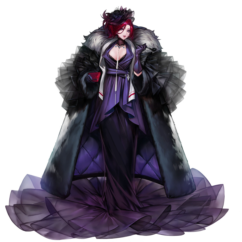 bag breasts cleavage coat dress female formal full_body fur_coat gloves gown hair_between_eyes handbag highres jewelry last_origin lemonade_delta lipstick long_dress long_hair looking_at_viewer makeup official_art purple_dress purple_eyes purple_gloves red_hair smoking_pipe solo tachi-e third-party_source transparent_background