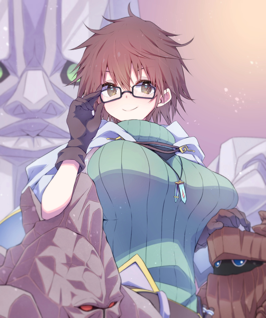 3others adjusting_eyewear aussa_(yu-gi-oh!) aussa_the_earth_channeler belt big_piece_golem breast_rest breasts brown_belt brown_eyes brown_hair closed_mouth coat commentary_request cowboy_shot creature duel_monster female glasses green_sweater hair_between_eyes hand_up highres hood hood_down hooded_coat jewelry large_breasts looking_at_viewer medium_piece_golem mosui_(kori_can) multiple_others necklace partial_commentary ribbed_sweater short_hair sidelocks sleeveless sleeveless_turtleneck small_piece_golem smile solo_focus standing sweater turtleneck turtleneck_sweater white_coat yu-gi-oh!