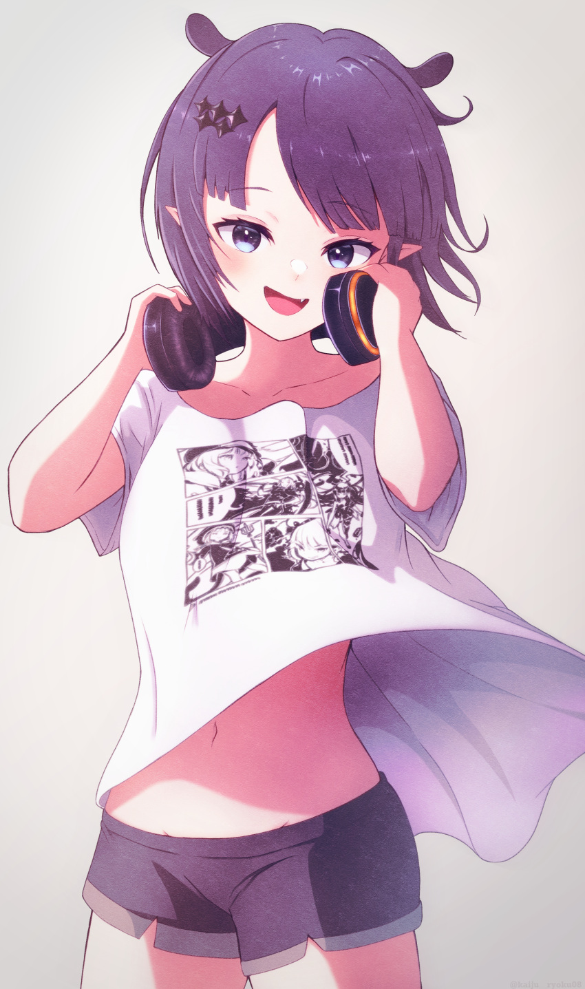 absurdres adjusting_headphones black_shorts blue_eyes blush clothes_lift female headphones headphones_around_neck highres hololive hololive_english kaiju_ryoku looking_at_viewer navel ninomae_ina'nis ninomae_ina'nis_(loungewear) oerba_yun_fang open_mouth pointy_ears purple_hair shirt shirt_lift short_hair short_shorts shorts smile solo t-shirt virtual_youtuber white_shirt wind wind_lift