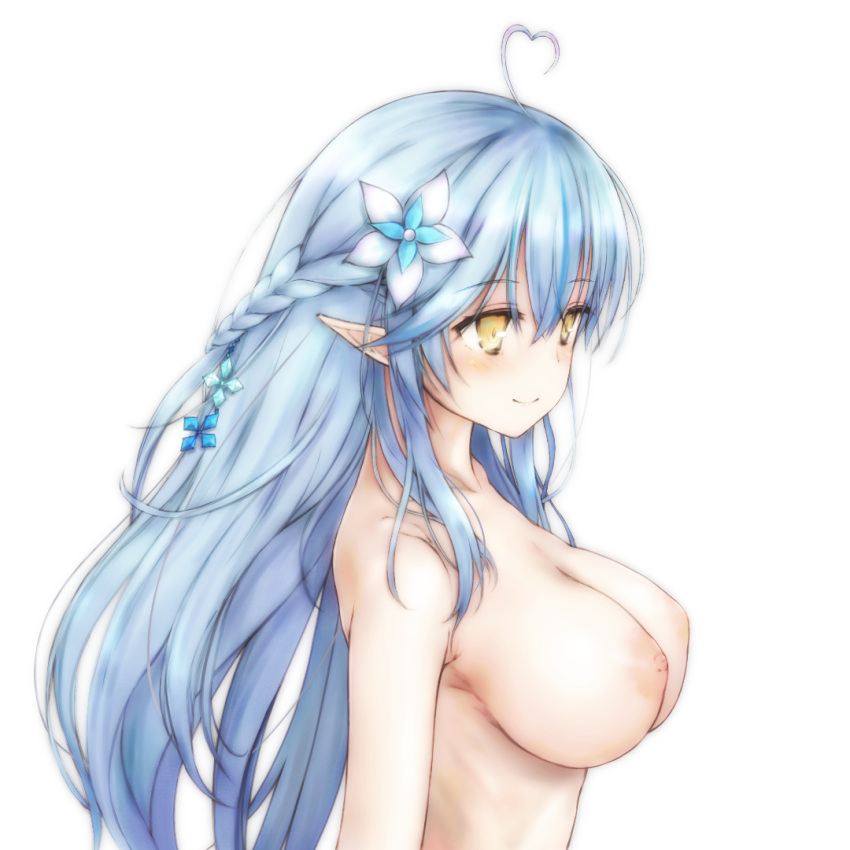 ahoge blue_hair braid breasts colored_tips esan_(llamaesan) female flower from_side hair_flower hair_ornament half_updo heart heart_ahoge hololive large_breasts long_hair multicolored_hair nipples nude pointy_ears sidelocks smile solo standing straight_hair streaked_hair virtual_youtuber white_background yukihana_lamy