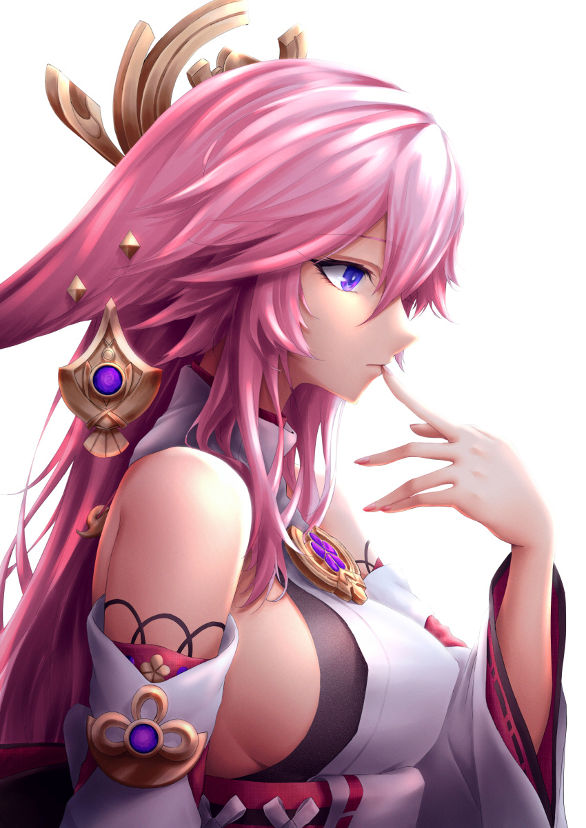 animal_ears breasts chinese_commentary commentary_request detached_sleeves earrings female finger_to_mouth fox_ears from_side genshin_impact hair_between_eyes hair_ornament highres jewelry lips long_hair looking_afar looking_at_viewer looking_away necklace nontraditional_miko partial_commentary pink_hair purple_eyes ribbon-trimmed_sleeves ribbon_trim royboy sidelocks solo vision_(genshin_impact) white_background yae_miko