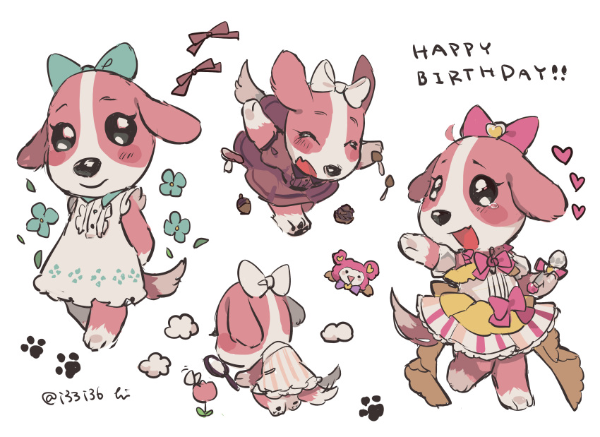 absurdres acorn afterimage alternate_costume animal_crossing animal_ears arm_up arms_behind_back artist_name back_bow bad_id bad_pixiv_id barefoot black_eyes blue_bow blue_flower blush blush_stickers bow bowtie breath bug butterfly closed_mouth commentary cookie_(animal_crossing) dog_ears dog_tail dress english_text female flat_chest flower frilled_skirt frills from_behind furry furry_female hairbow hand_up happy happy_birthday heart hideko_(l33l3b) highres holding idol_clothes kneeling leg_up looking_at_viewer magnifying_glass microphone miniskirt motion_lines multiple_views mushroom oerba_yun_fang off_shoulder open_mouth outstretched_arm paw_print pawpads pinecone pink_bow pink_bowtie pink_flower pink_skirt purple_dress short_sleeves signature simple_background skin_fang skirt sleeveless sleeveless_dress smile standing standing_on_one_leg striped_clothes striped_dress striped_skirt tail tail_wagging tears treble_clef tripping tulip twitter_username white_background white_bow white_dress yellow_dress