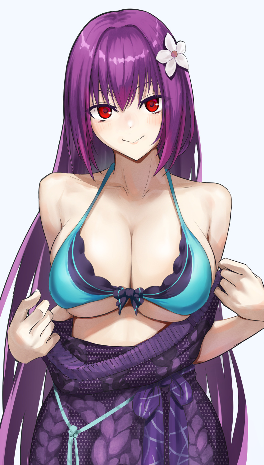 absurdres bare_shoulders bikini breasts cleavage collarbone dress fate/grand_order fate_(series) female flower green_bikini hair_between_eyes hair_flower hair_ornament highres kugiseiichi large_breasts long_hair looking_at_viewer off_shoulder purple_dress purple_hair red_eyes scathach_(fate) scathach_skadi_(fate) scathach_skadi_(swimsuit_ruler)_(fate) scathach_skadi_(swimsuit_ruler)_(final_ascension)_(fate) scathach_skadi_(swimsuit_ruler)_(second_ascension)_(fate) smile solo sweater sweater_dress swimsuit