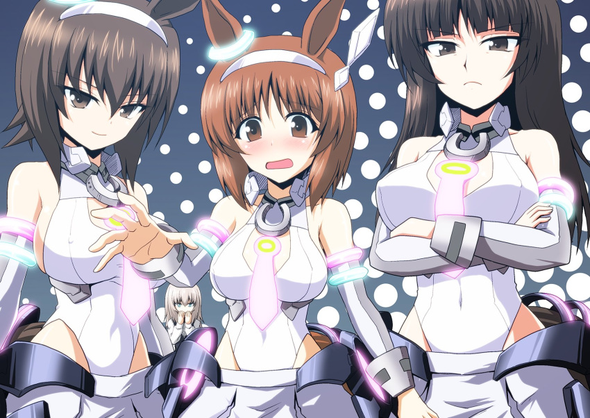 4girls animal_ears black_eyes black_hair blue_eyes blunt_bangs blush breasts brown_eyes brown_hair closed_mouth commentary cosplay covered_nipples crossed_arms detached_sleeves frown girls_und_panzer grey_hair hairband half-closed_eyes halterneck hand_to_own_mouth highleg highleg_leotard highres horse_ears horse_tail itsumi_erika kamishima_kanon kemonomimi_mode large_breasts leotard long_hair looking_at_viewer medium_breasts mihono_bourbon_(umamusume) mihono_bourbon_(umamusume)_(cosplay) mother_and_daughter multiple_girls navel nishizumi_maho nishizumi_miho nishizumi_shiho overskirt pleated_skirt polka_dot polka_dot_background pun short_hair siblings side-by-side sisters skirt straight_hair tail umamusume white_hairband white_leotard white_skirt white_sleeves