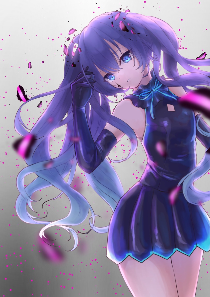 black_dress black_gloves blue_eyes blue_hair blue_ribbon blurry blurry_background blurry_foreground cleavage_cutout clothing_cutout commentary cowboy_shot dress elbow_gloves female floating_hair ghost_rule_(vocaloid) gloves gradient_hair hair_between_eyes hatsune_miku highres katorea long_hair multicolored_hair neck_ribbon parted_lips pleated_dress ribbon shiny_clothes short_dress sleeveless sleeveless_dress solo standing twintails very_long_hair vocaloid