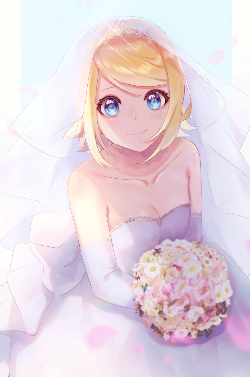 absurdres bare_shoulders blonde_hair blue_eyes blurry blurry_foreground bouquet bow breasts bridal_veil bride cleavage collarbone commentary diffraction_spikes dress dress_bow elbow_gloves female flower gloves highres holding holding_bouquet kagamine_rin looking_at_viewer mipi petals short_hair sidelighting smile solo sparkle strapless strapless_dress swept_bangs veil vocaloid wedding_dress white_dress white_gloves