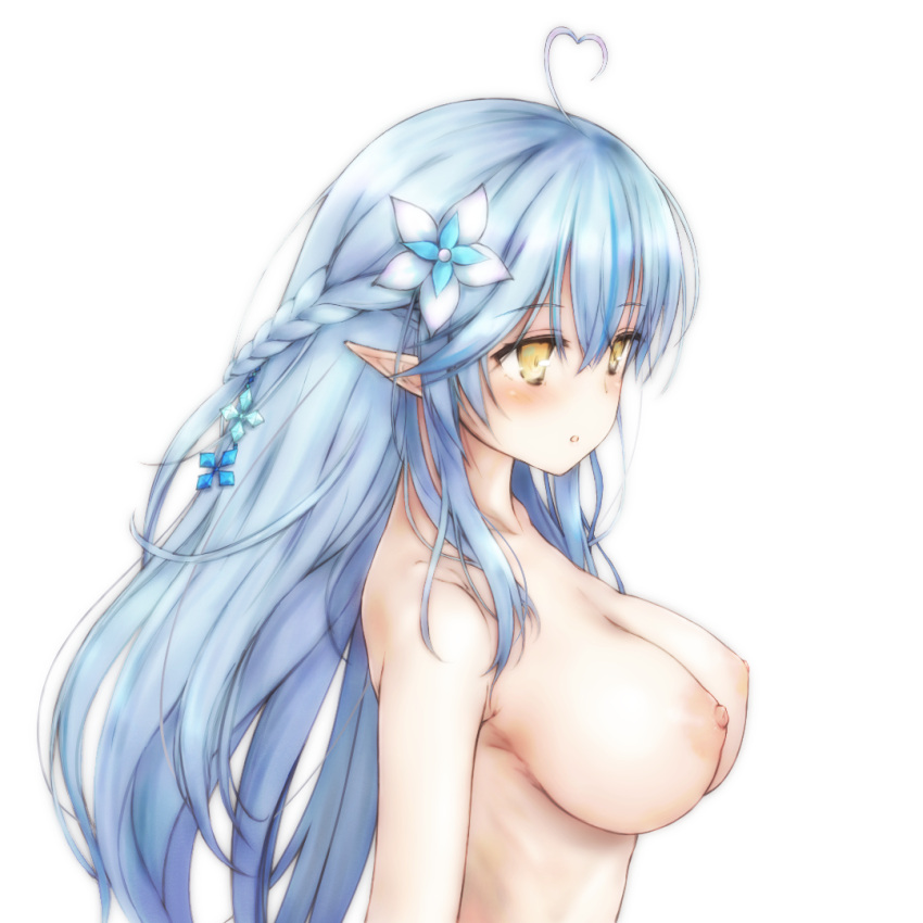 :o ahoge blue_hair braid breasts colored_tips esan_(llamaesan) female flower from_side hair_flower hair_ornament half_updo heart heart_ahoge hololive large_breasts long_hair multicolored_hair nipples nude pointy_ears sidelocks solo standing straight_hair streaked_hair virtual_youtuber white_background yukihana_lamy