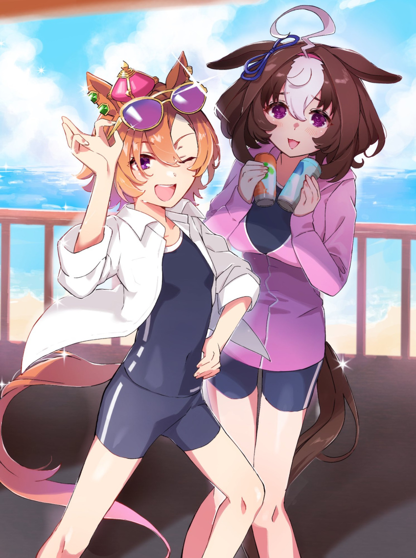 2girls :3 ;d @_@ ahoge animal_ears blue_one-piece_swimsuit breasts brown_hair can collared_shirt commentary_request competition_school_swimsuit crown dojikko eyewear_on_head feet_out_of_frame hair_between_eyes hairband highres holding holding_can horse_ears horse_girl horse_tail large_breasts long_sleeves looking_at_viewer meisho_doto_(umamusume) mini_crown multiple_girls nanaheibei_3 one-piece_swimsuit one_eye_closed open_clothes open_shirt orange_hair pink_hairband pink_sweater purple_eyes school_swimsuit shirt short_hair single_vertical_stripe smile sunglasses sweater swimsuit t.m._opera_o_(umamusume) tail tail_through_clothes tracen_swimsuit umamusume umamusume:_road_to_the_top white_hair white_shirt