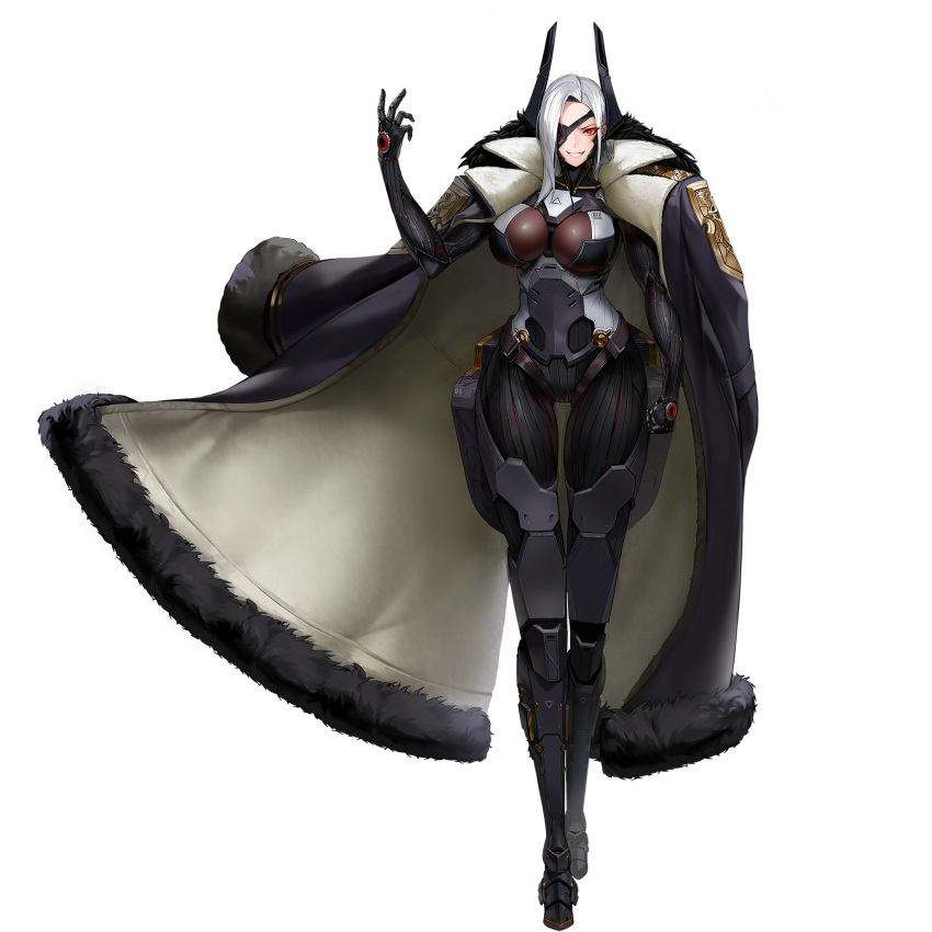 bodysuit breasts coat coat_on_shoulders eyepatch female full_body grin highres large_breasts last_origin lemonade_gamma long_hair looking_at_viewer official_art red_eyes smile solo tachi-e thigh_gap third-party_source transparent_background white_hair wide_hips