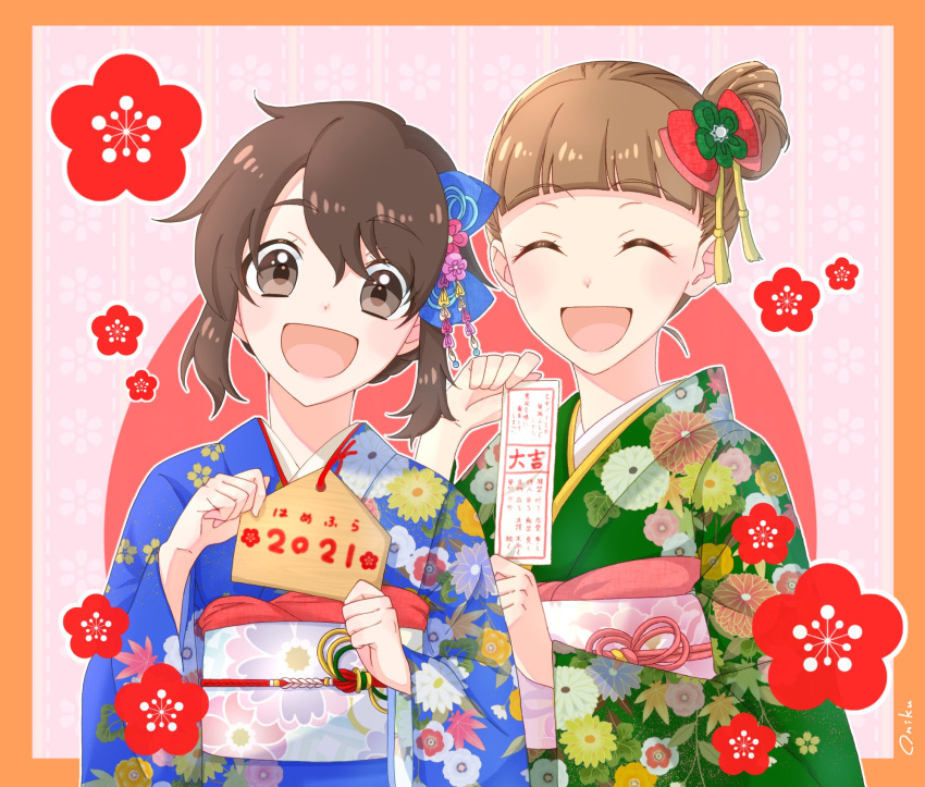 2021 2girls :d alternate_hairstyle artist_name blue_kimono blunt_bangs blush copyright_name ema facing_viewer floral_print green_kimono hair_ornament hair_up hatsumoude highres holding japanese_clothes kimono looking_at_viewer monkey_girl_(hamefura) multiple_girls new_year obi omikuji one_side_up open_mouth orange_background otome_game_no_hametsu_flag_shika_nai_akuyaku_reijou_ni_tensei_shite_shimatta print_kimono sasaki_atsuko_(hamefura) sash signature smile yawaraka_oniku