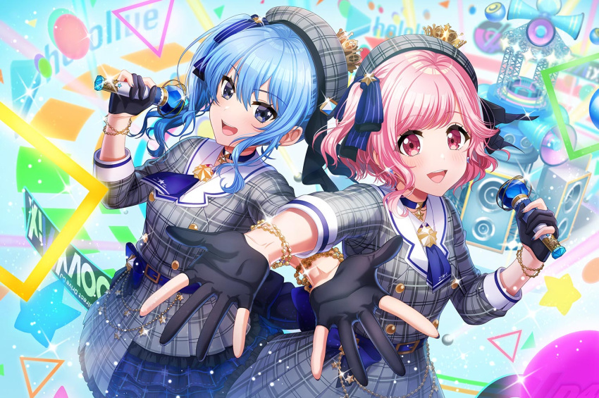 2girls :d artist_request ascot beret black_gloves blue_ascot blue_choker blue_eyes blue_hair blue_nails blue_ribbon blush bracelet choker commentary_request cosplay d4dj dress earrings gloves grey_beret grey_dress hair_between_eyes hair_ribbon hat holding holding_microphone hololive hoshimachi_suisei hoshimachi_suisei_(1st_costume) hoshimachi_suisei_(cosplay) jewelry long_sleeves microphone multiple_girls nail_polish official_art open_mouth partially_fingerless_gloves pink_hair plaid plaid_dress plaid_headwear red_eyes ribbon sakurada_miyu short_hair side_ponytail sidelocks smile star_(symbol) star_in_eye symbol_in_eye virtual_youtuber