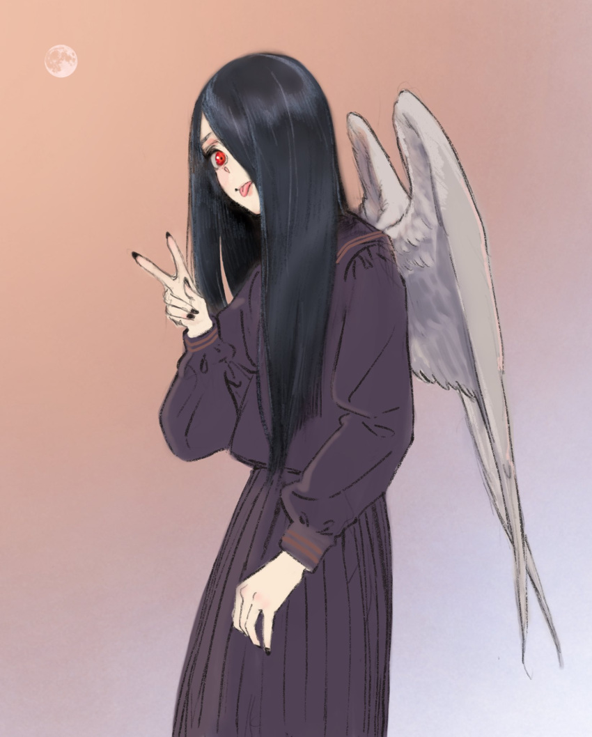 angel_wings black_hair black_nails black_shirt black_skirt commentary_request cowboy_shot feathered_wings female fingernails grey_wings hair_over_one_eye hand_up highres hiramedousa long_hair long_sleeves looking_at_viewer original pleated_skirt protected_link red_eyes sadako_(hiramedousa) shirt skirt solo tongue tongue_out v wings