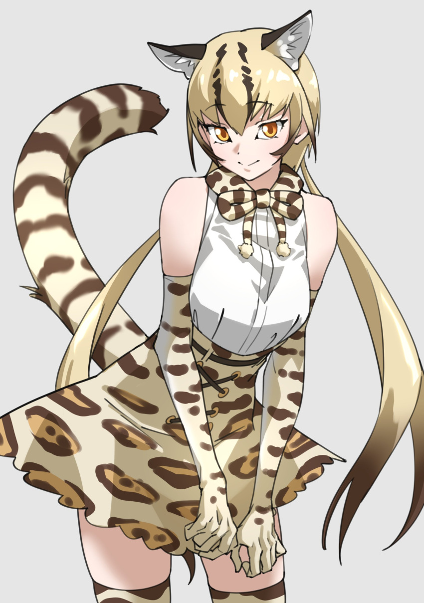 absurdres animal_ear_fluff animal_ears bare_shoulders belt blonde_hair brown_hair commentary cowboy_shot elbow_gloves extra_ears female gloves gradient_hair grey_background hair_between_eyes high-waist_skirt highres kemono_friends leaning_to_the_side long_hair looking_at_viewer low_twintails miniskirt multicolored_hair ocelot_(kemono_friends) ocelot_print orange_eyes print_skirt print_thighhighs shirt simple_background skirt sleeveless sleeveless_shirt smile solo tail tanabe_(fueisei) thighhighs twintails very_long_hair white_shirt zettai_ryouiki