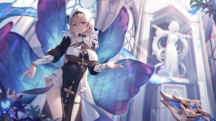 aponia_(honkai_impact) architecture asc11 blonde_hair bloomers breasts brooch butterfly_wings chinese_commentary church commentary_request female flower gold_trim gothic_architecture grey_eyes habit hair_between_eyes hand_up highres honkai_(series) honkai_impact_3rd insect_wings jewelry large_breasts looking_at_viewer nun outdoors pelvic_curtain plant side_slit sidelocks smile solo statue underwear white_flower window wings