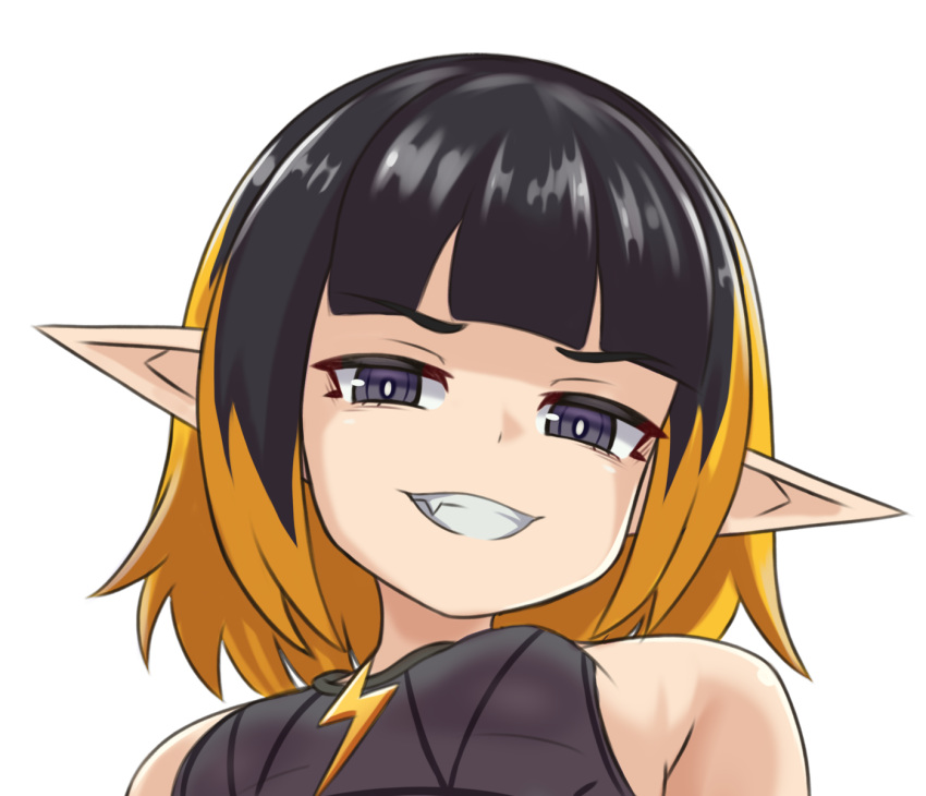 alternate_design bare_shoulders black_eyes black_hair blonde_hair blunt_bangs breasts bright_pupils close-up commentary_request commission female grin highres medium_hair monster_girl_encyclopedia nav_(itsnav) oerba_yun_fang original pointy_ears simple_background small_breasts smile solo teeth thunderbird_(monster_girl_encyclopedia) white_background