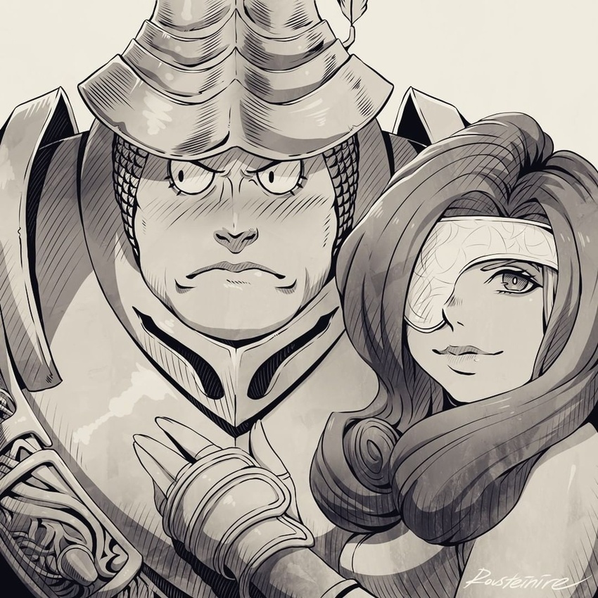 1boy adelbert_steiner armor beatrix_(ff9) blush curly_hair eyelashes eyepatch female final_fantasy final_fantasy_ix frown greyscale hand_on_another's_chest helmet looking_at_viewer looking_to_the_side monochrome rousteinire smile upper_body