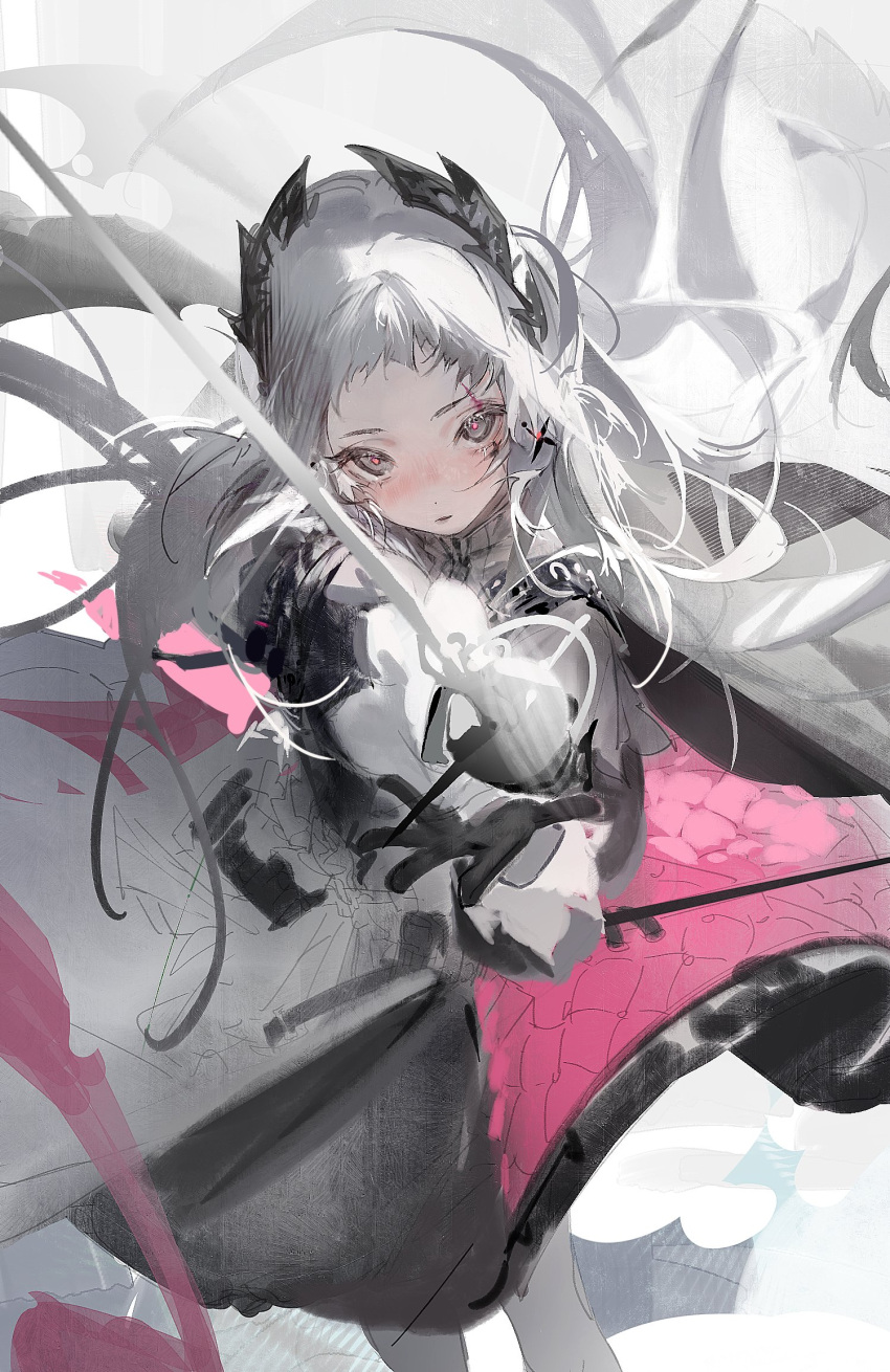 arknights black_gloves black_jacket female gloves grey_eyes grey_legwear head_wings highres holding holding_sword holding_weapon irene_(arknights) jacket kurikabacha long_hair looking_at_viewer parted_lips pink_pupils rapier scar scar_across_eye skirt solo sword weapon white_hair wings