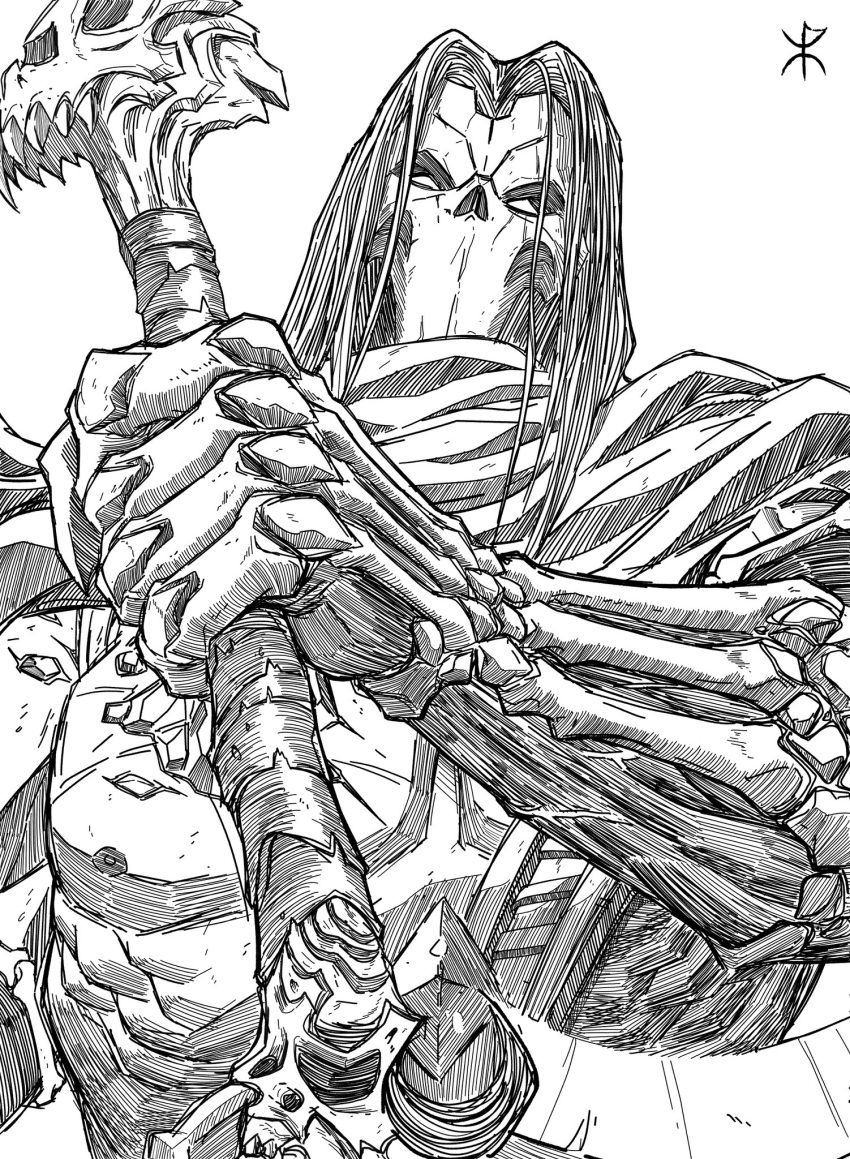 1boy apoloniodraws darksiders death_(darksiders) greyscale highres holding holding_weapon line_art looking_at_viewer male_focus mask medium_hair monochrome nipples scarf scythe skull skull_mask weapon