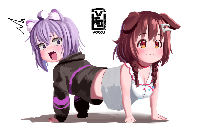 2girls :3 :d ^^^ absurdres ahoge all_fours anatomical_nonsense animal_collar animal_ear_fluff animal_ears black_hoodie bone_hair_ornament braid breasts brown_eyes brown_hair cartoon_bone cat_ears cat_girl catdog collar conjoined dog_ears dog_girl dress empty_eyes hair_ornament highres hololive hood hoodie inugami_korone inugami_korone_(1st_costume) looking_back low_twin_braids medium_breasts midriff multiple_girls nekomata_okayu nekomata_okayu_(1st_costume) no_feet oerba_yun_fang open_mouth purple_eyes purple_hair red_collar small_breasts smile smug surprised twin_braids virtual_youtuber voc white_background white_dress