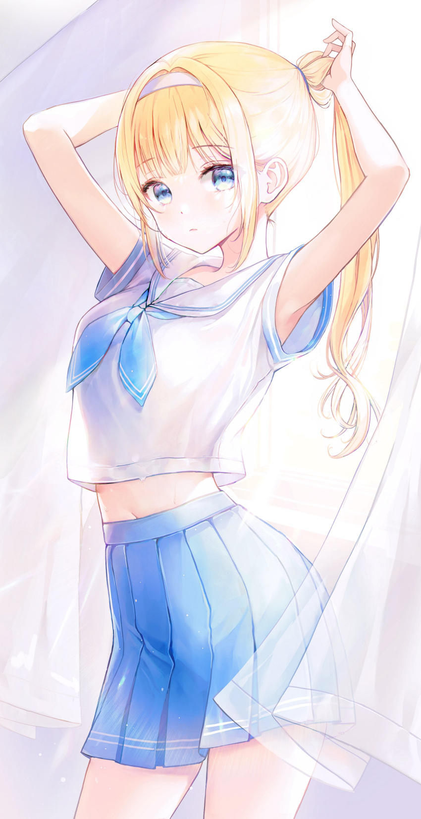 absurdres armpit_peek armpits arms_behind_head bare_arms blonde_hair blue_eyes blue_skirt breasts closed_mouth contrapposto cowboy_shot crop_top crop_top_overhang expressionless female hairband high-waist_skirt highres long_hair looking_at_viewer midriff miniskirt navel neckerchief original pleated_skirt ponytail revision sailor_collar school_uniform serafuku shirt short_sleeves sidelocks skirt small_breasts solo standing sweat white_shirt yuna_(deadawon)