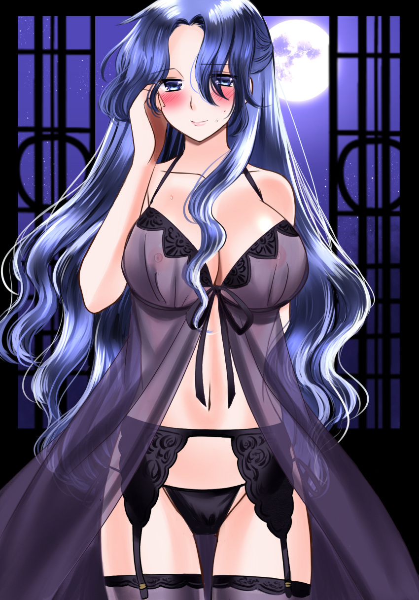 74 adjusting_hair black_panties blue_eyes blue_hair breasts cleavage female fire_emblem fire_emblem:_thracia_776 full_moon garter_belt highres indoors large_breasts lingerie long_hair looking_at_viewer moon navel night nightgown nipples panties see-through selphina_(fire_emblem) smile solo thighhighs thighs underwear very_long_hair window